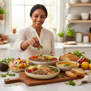 A vibrant and diverse spread of special diet meals, including a gluten-free grain bowl, vegetarian soup, and fruit salad, professionally photographed on an inviting kitchen counter with a home cook in the background.