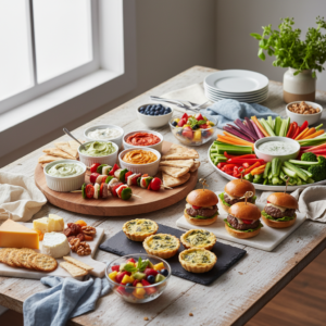 A vibrant and inviting spread of various easy appetizers, sides, and snacks, including skewers, dips, mini sliders, and fresh fruit, beautifully arranged on a rustic table.
