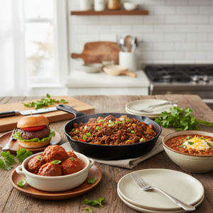 A vibrant and inviting spread of various easy ground beef dishes, including a skillet meal, meatballs, a burger slider, and chili, arranged on a rustic kitchen table for a quick and flavorful dinner.