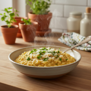 A vibrant, close-up image of a creamy, perfectly cooked risotto garnished with fresh parsley and Parmesan cheese.