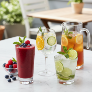 A vibrant collection of easy drinks and cocktails, including a colorful fruit smoothie, a mojito, a berry spritzer, and iced tea, all beautifully garnished and ready to enjoy.