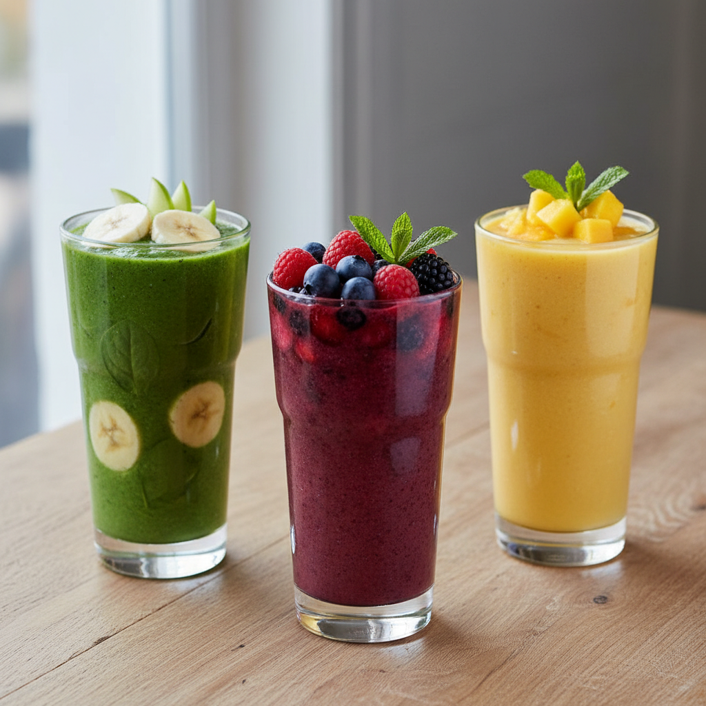 A vibrant display of three different smoothies: a green, a berry, and a tropical smoothie, each in a tall glass and garnished with fresh fruit, on a kitchen counter.