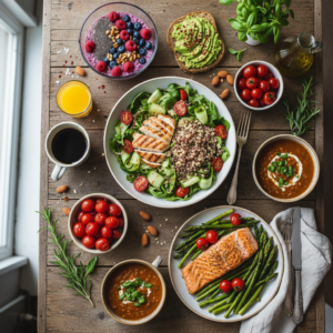 A vibrant spread of easy, healthy breakfast, lunch, and dinner dishes, including overnight oats, avocado toast, a chicken power salad, baked salmon with vegetables, and lentil soup on a rustic wooden table.