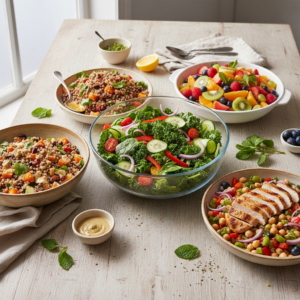 A visually appealing collection of various colorful and fresh salads, including green, grain, fruit, and protein-rich options, arranged on a wooden table, suggesting easy and healthy meal ideas.