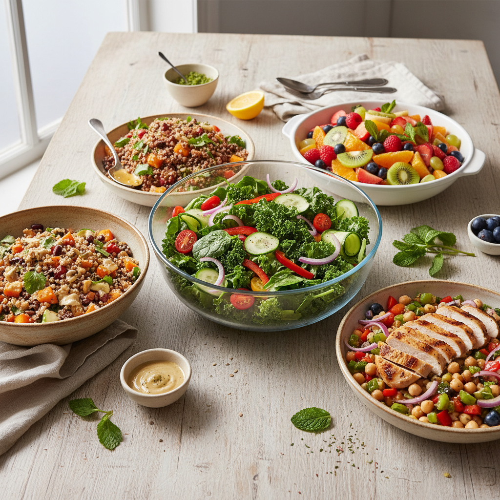 A visually appealing collection of various colorful and fresh salads, including green, grain, fruit, and protein-rich options, arranged on a wooden table, suggesting easy and healthy meal ideas.