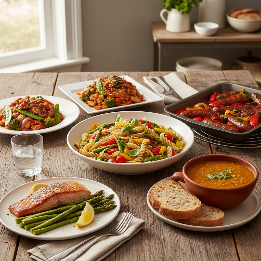 A warm and inviting spread of five different easy dinner recipes, including pasta, salmon, soup, stir-fry, and sheet pan sausage, beautifully arranged on a wooden table.