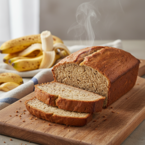 A warm, golden-brown loaf of freshly baked moist banana bread on a wooden cutting board, with a few slices cut to show its tender, speckled interior.