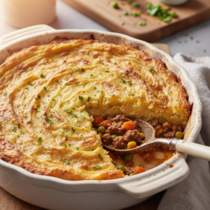 A warm, golden-brown shepherd's pie in a rustic white baking dish, with a scoop removed to show the bubbling meat and vegetable filling, garnished with fresh parsley.