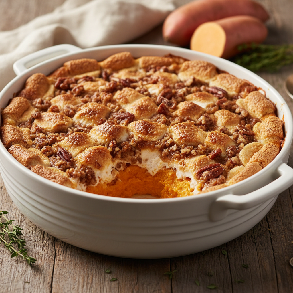 A warm, golden-brown sweet potato casserole with melted marshmallows and pecan crumble, served in a white baking dish on a wooden table.
