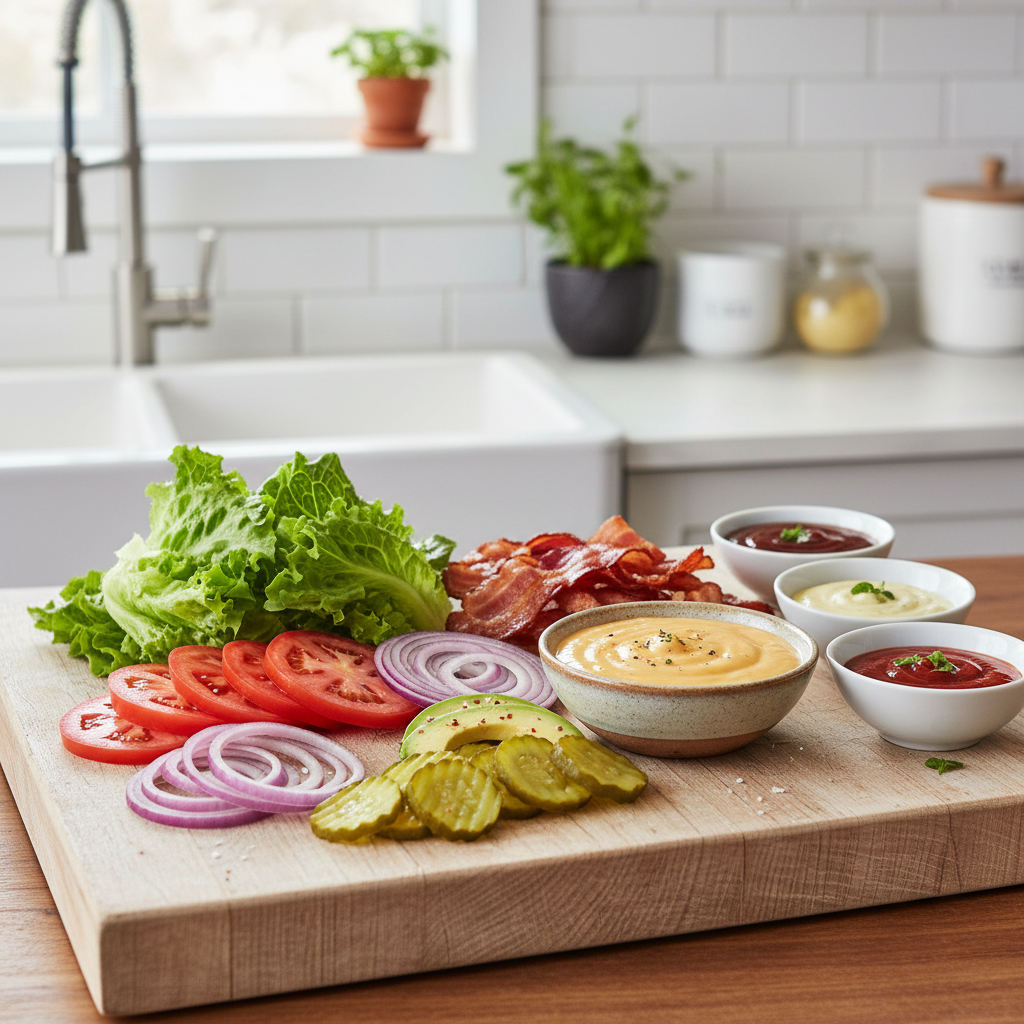 An appealing array of fresh hamburger toppings, including lettuce, tomatoes, onions, pickles, avocado, bacon, and various sauces, on a wooden board.
