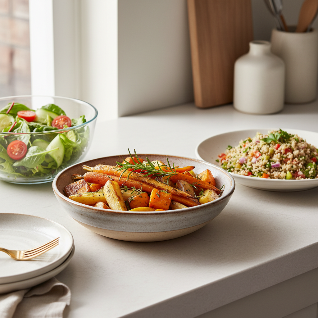An inviting display of simple and flavorful side dishes on a kitchen counter, featuring roasted root vegetables, a fresh green salad, and a light grain salad.