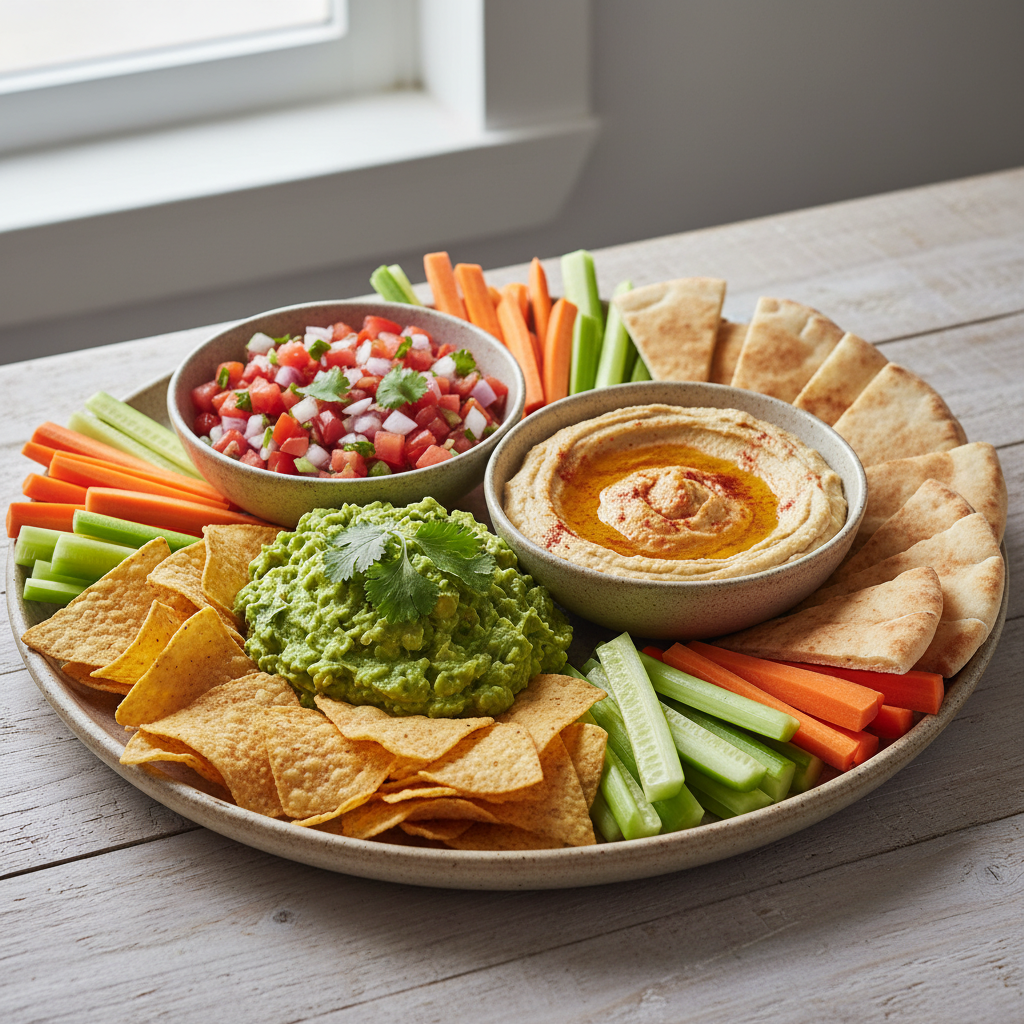 An inviting platter featuring fresh guacamole with tortilla chips, creamy hummus with pita bread, vibrant salsa, and vegetable sticks, all artfully arranged for a gathering.