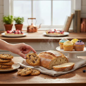 An inviting spread of diverse, freshly baked goods including rustic bread, chocolate chip cookies, cupcakes, and fruit tart on a wooden counter in a warm kitchen.