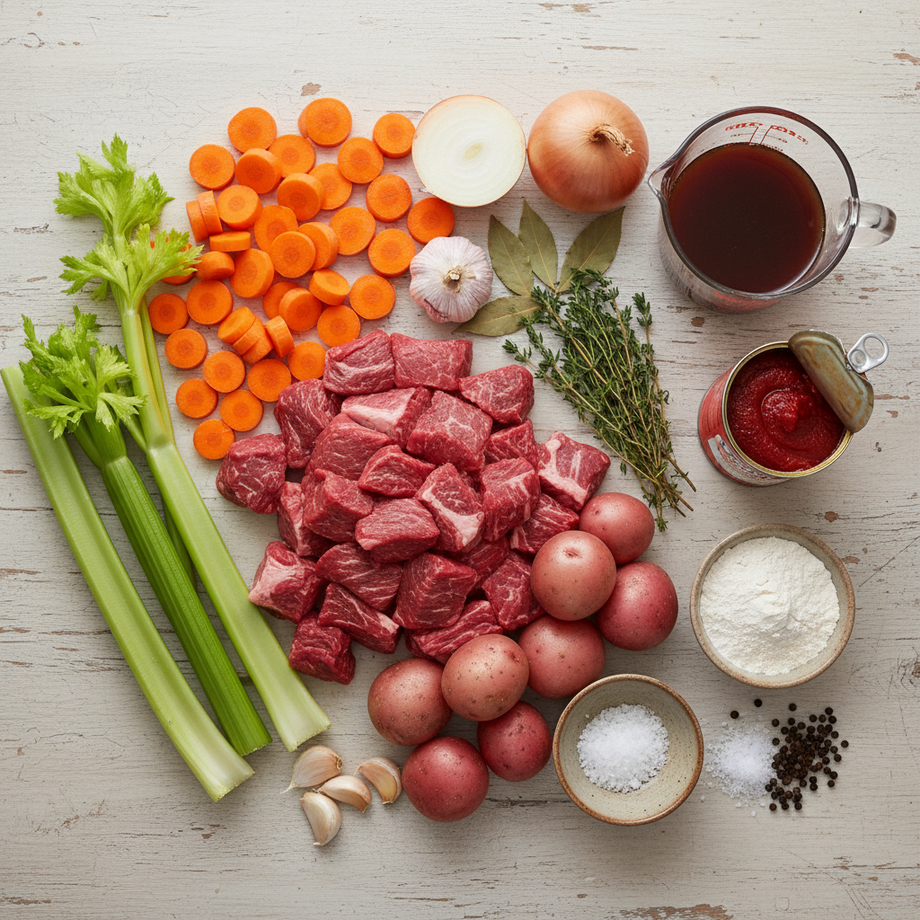 An overhead flat lay of fresh, high-quality ingredients for beef stew, including cubed beef, colorful vegetables, herbs, and spices, neatly arranged on a wooden kitchen counter.