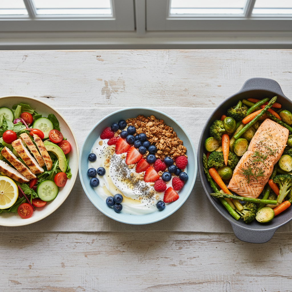 An overhead shot of a healthy and diverse meal spread, featuring a berry yogurt bowl, a chicken salad, and baked salmon with vegetables.