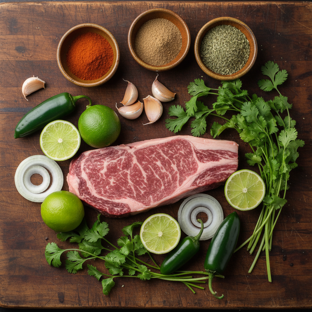 An overhead shot of fresh carne asada ingredients, including raw steak, whole limes, a bunch of cilantro, garlic, chilies, onions, and various spices arranged neatly on a rustic wooden surface.