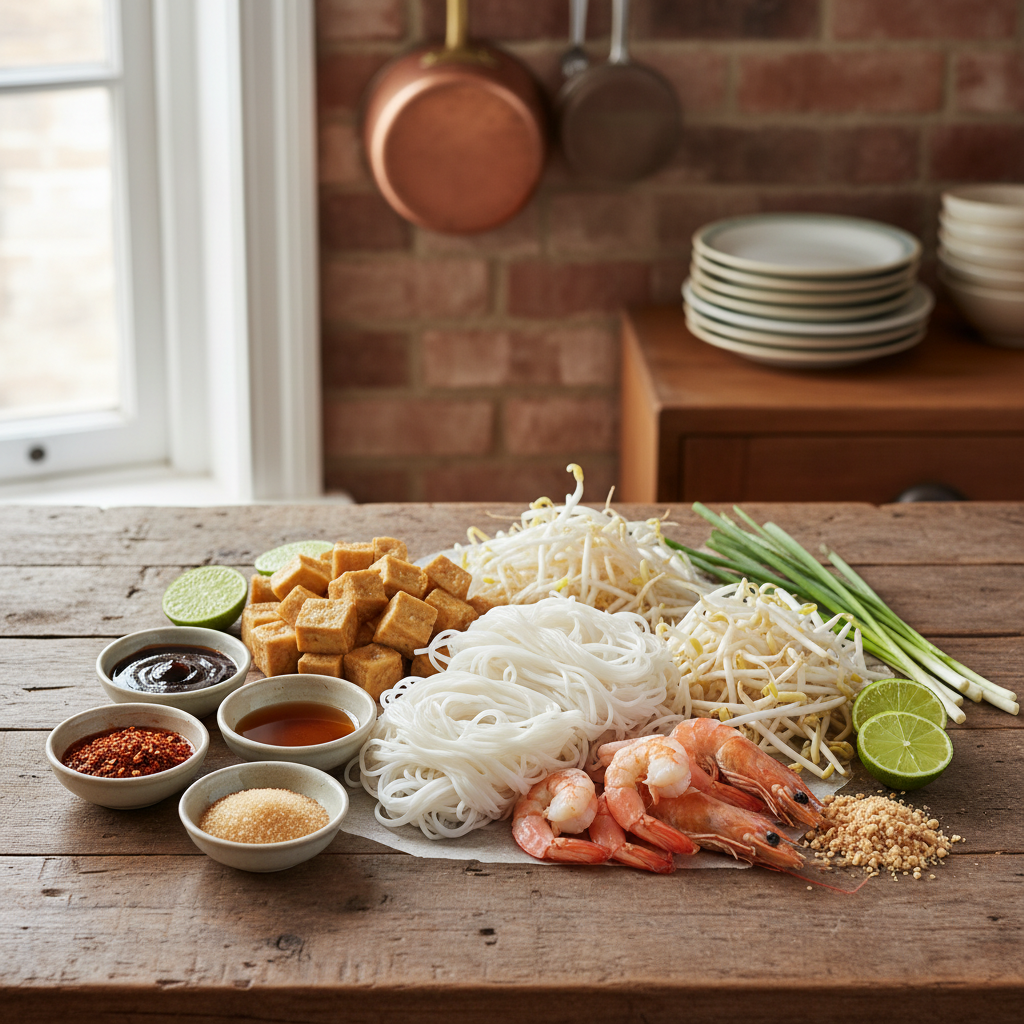 An overhead shot of fresh Pad Thai ingredients, including noodles, shrimp, tofu, and sauce components, neatly arranged on a wooden table.