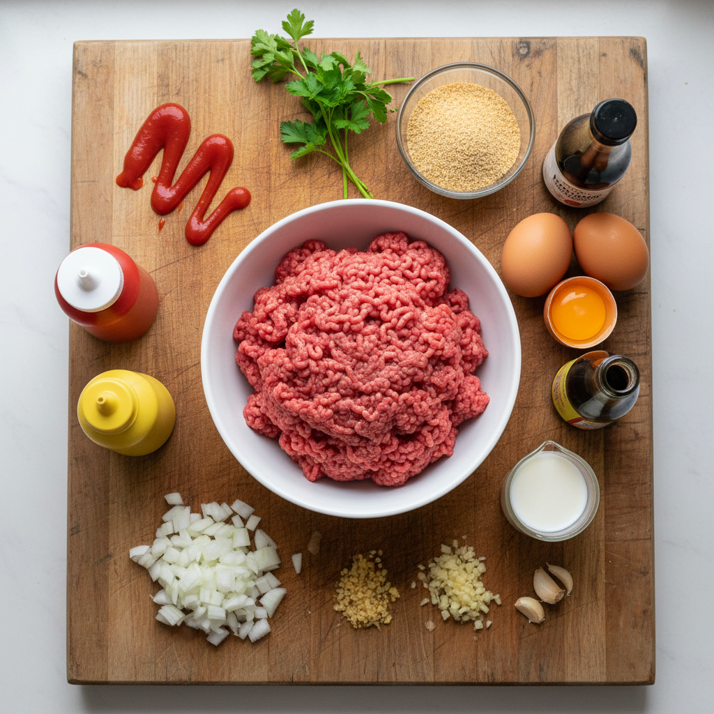 An overhead view of classic meatloaf ingredients, including ground beef, eggs, breadcrumbs, and vegetables, neatly arranged on a wooden board.