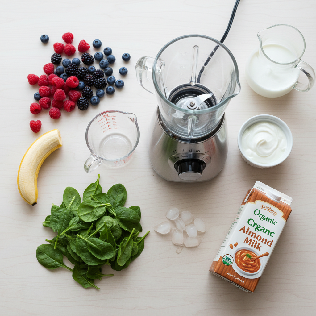 An overhead view of fresh smoothie ingredients including berries, spinach, bananas, and yogurt, alongside a modern blender on a wooden surface.