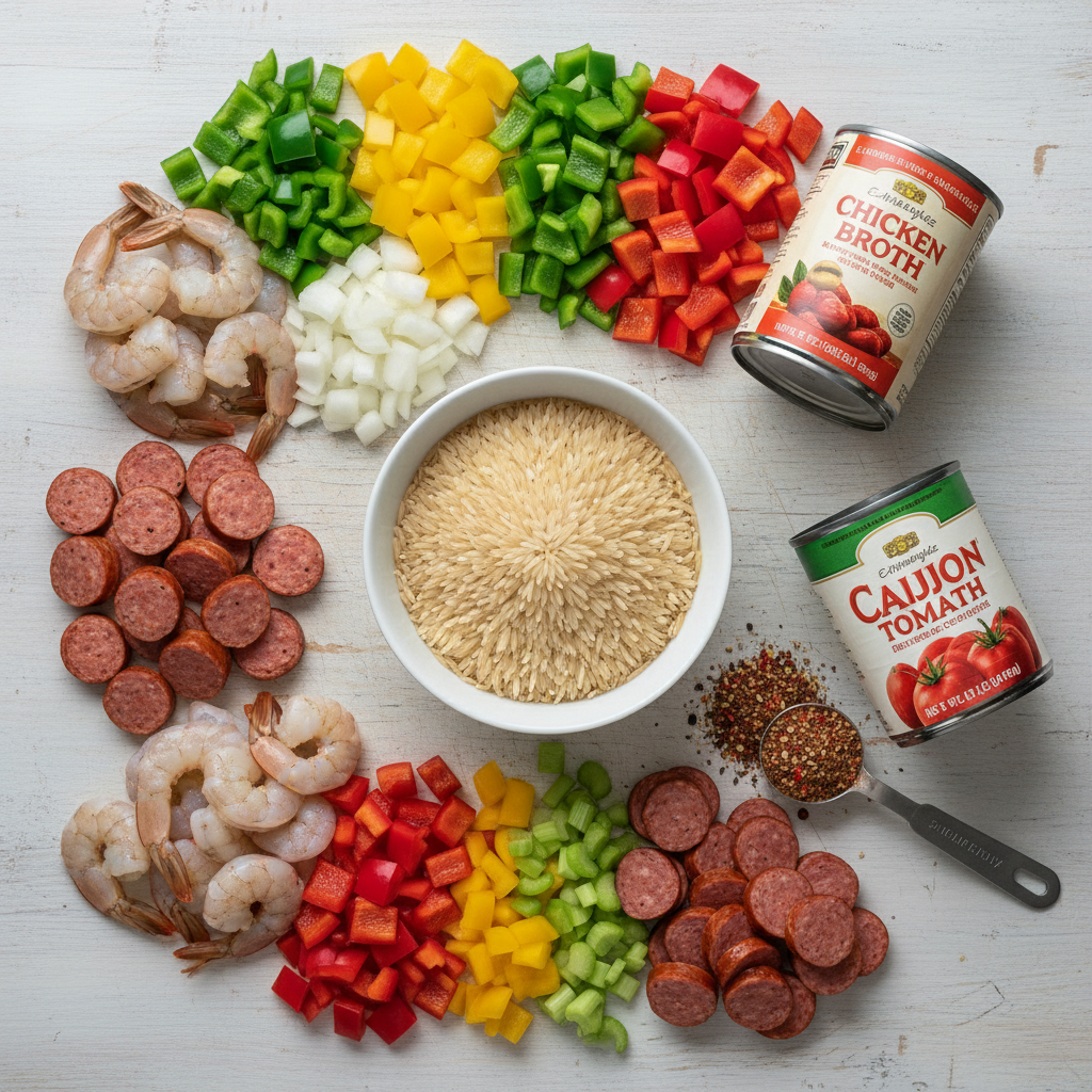 An overhead view of raw jambalaya ingredients including rice, shrimp, sausage, chopped vegetables, and seasoning laid out on a counter.