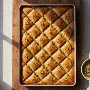 Close-up of golden-brown baklava cut into diamond shapes, drizzled with syrup and garnished with chopped pistachios.