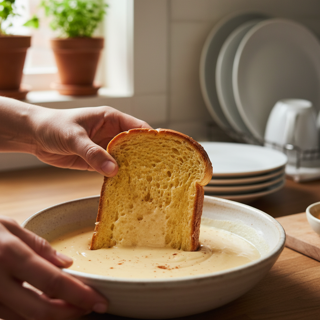 Close-up of hands dipping a thick brioche slice into French toast batter in a ceramic bowl in a home kitchen.