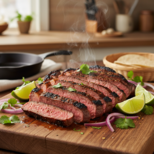 Close-up of perfectly grilled and sliced carne asada on a wooden cutting board, garnished with cilantro and lime wedges, ready to be served.