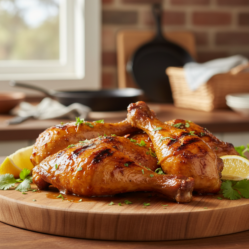 Close-up of perfectly grilled, glazed BBQ chicken pieces on a rustic platter, garnished with fresh herbs.