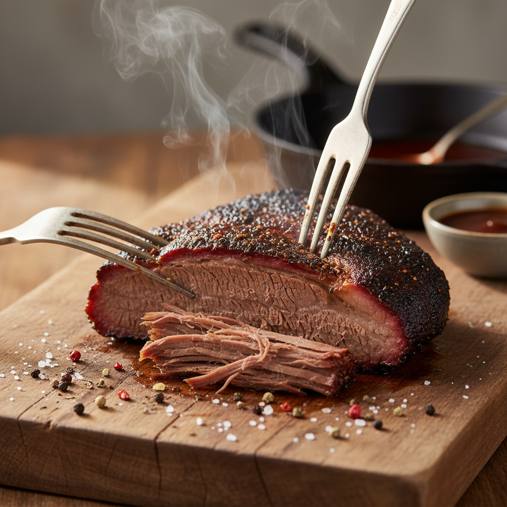 Close-up of tender, perfectly cooked beef brisket being pulled apart by two forks, with steam rising.