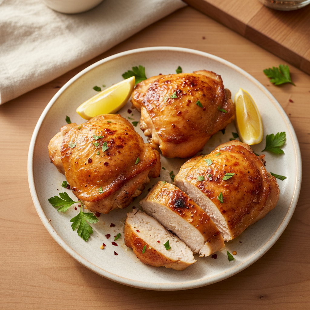Close-up of three perfectly roasted golden chicken thighs on a ceramic plate, garnished with fresh parsley and lemon wedges.