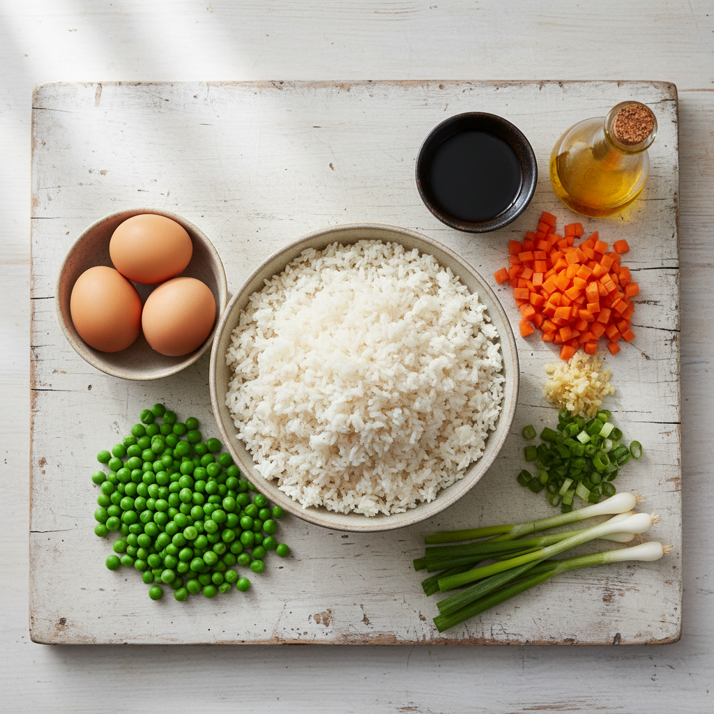 Fresh ingredients for fried rice, including rice, vegetables, eggs, and sauces, neatly arranged on a kitchen counter.