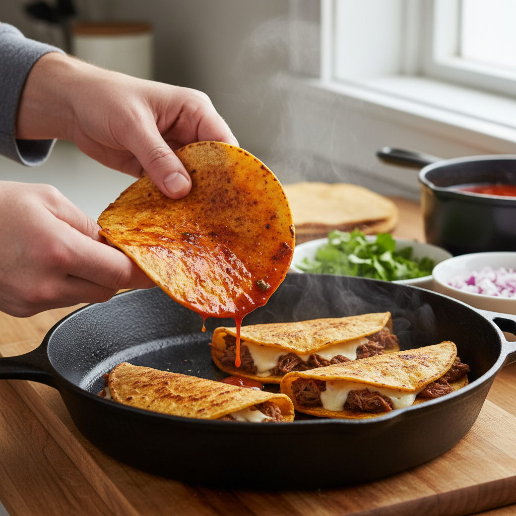Hands dipping a corn tortilla into birria consommé before frying it in a cast-iron skillet with other tacos.