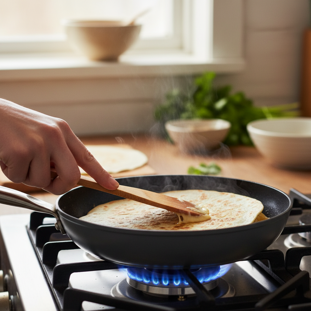 Hands of a home cook pressing down on a golden-brown quesadilla in a skillet on the stovetop.