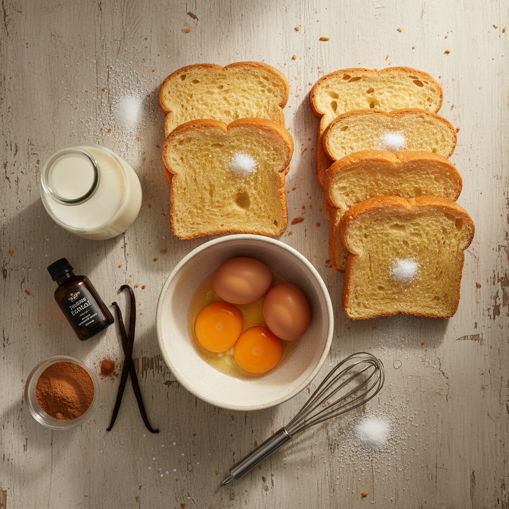 Overhead flat lay of French toast ingredients: brioche slices, eggs, milk, cinnamon, vanilla extract, and sugar on a wooden counter.