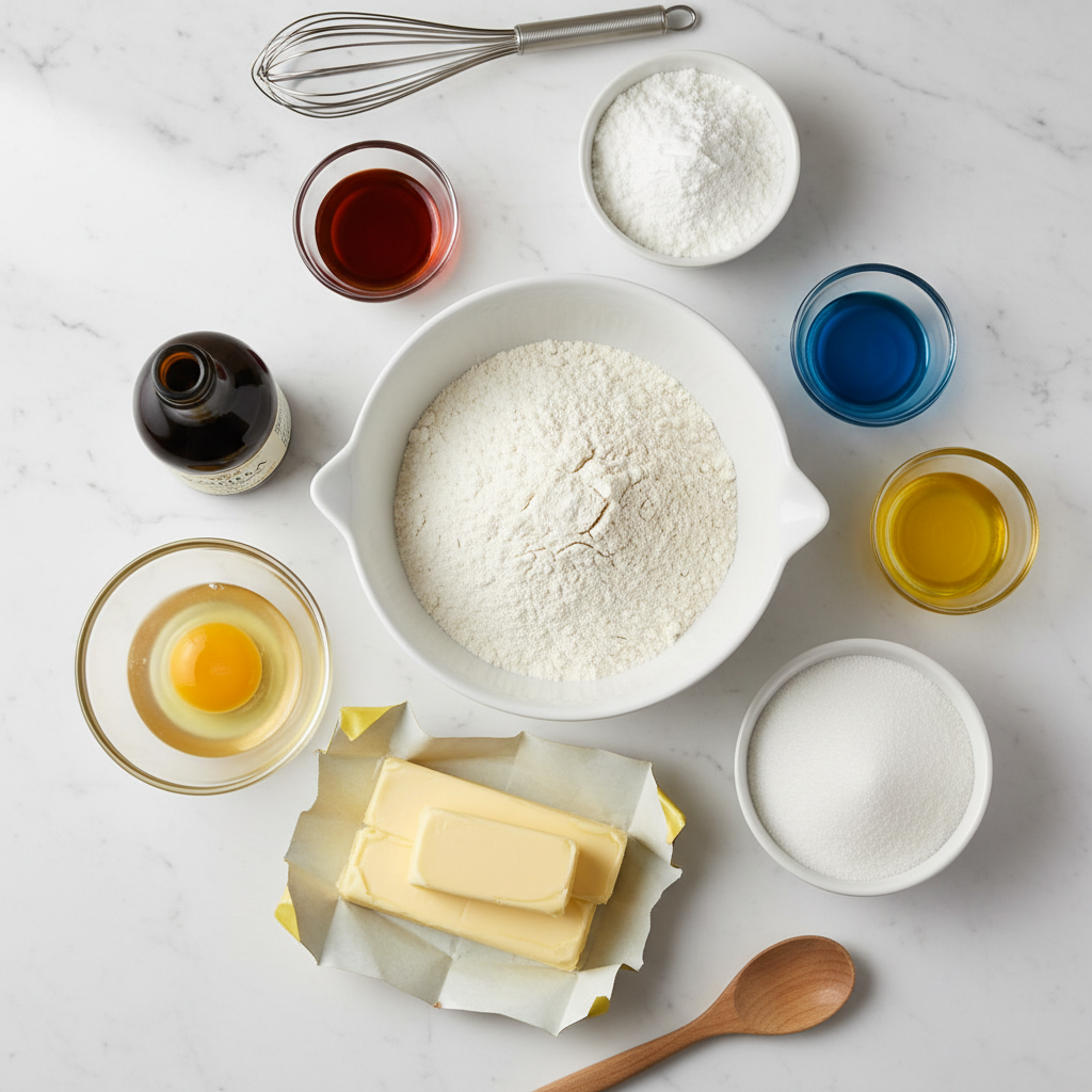 Overhead flat lay of ingredients for crumble cookies including flour, sugar, butter, eggs, and frosting components, neatly arranged.