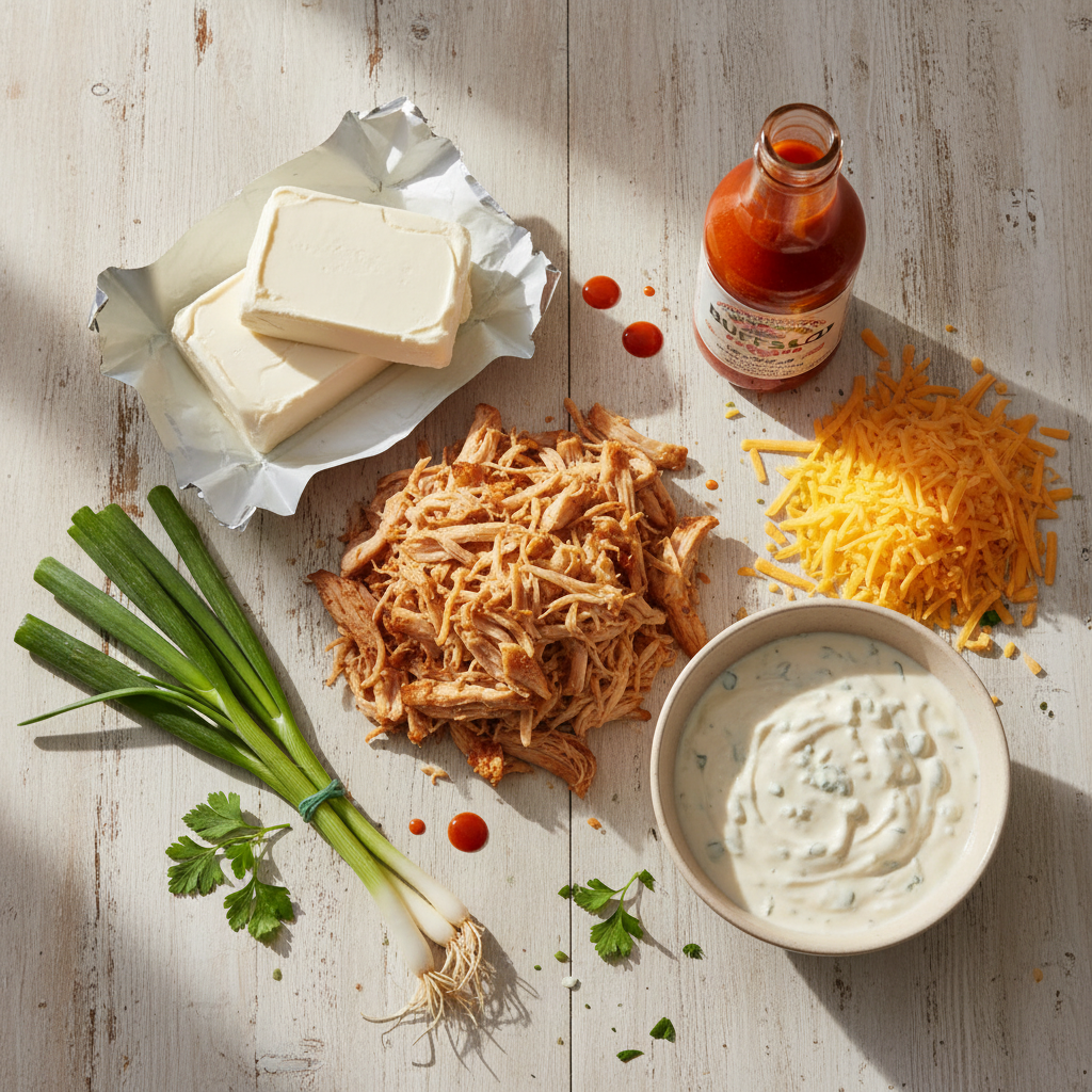 Overhead view of fresh ingredients for buffalo chicken dip, including shredded chicken, cream cheese, buffalo sauce, dressing, cheddar cheese, and green onions, arranged on a wooden counter.