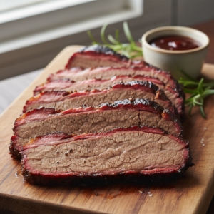 Perfectly cooked, tender slices of beef brisket on a wooden cutting board with rosemary and sauce.
