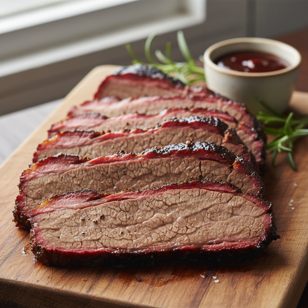 Perfectly cooked, tender slices of beef brisket on a wooden cutting board with rosemary and sauce.