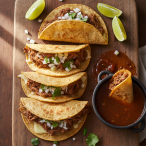 Several authentic birria tacos with melted cheese and shredded meat, garnished with cilantro and onions, served with a bowl of rich consommé for dipping and lime wedges on a wooden board.