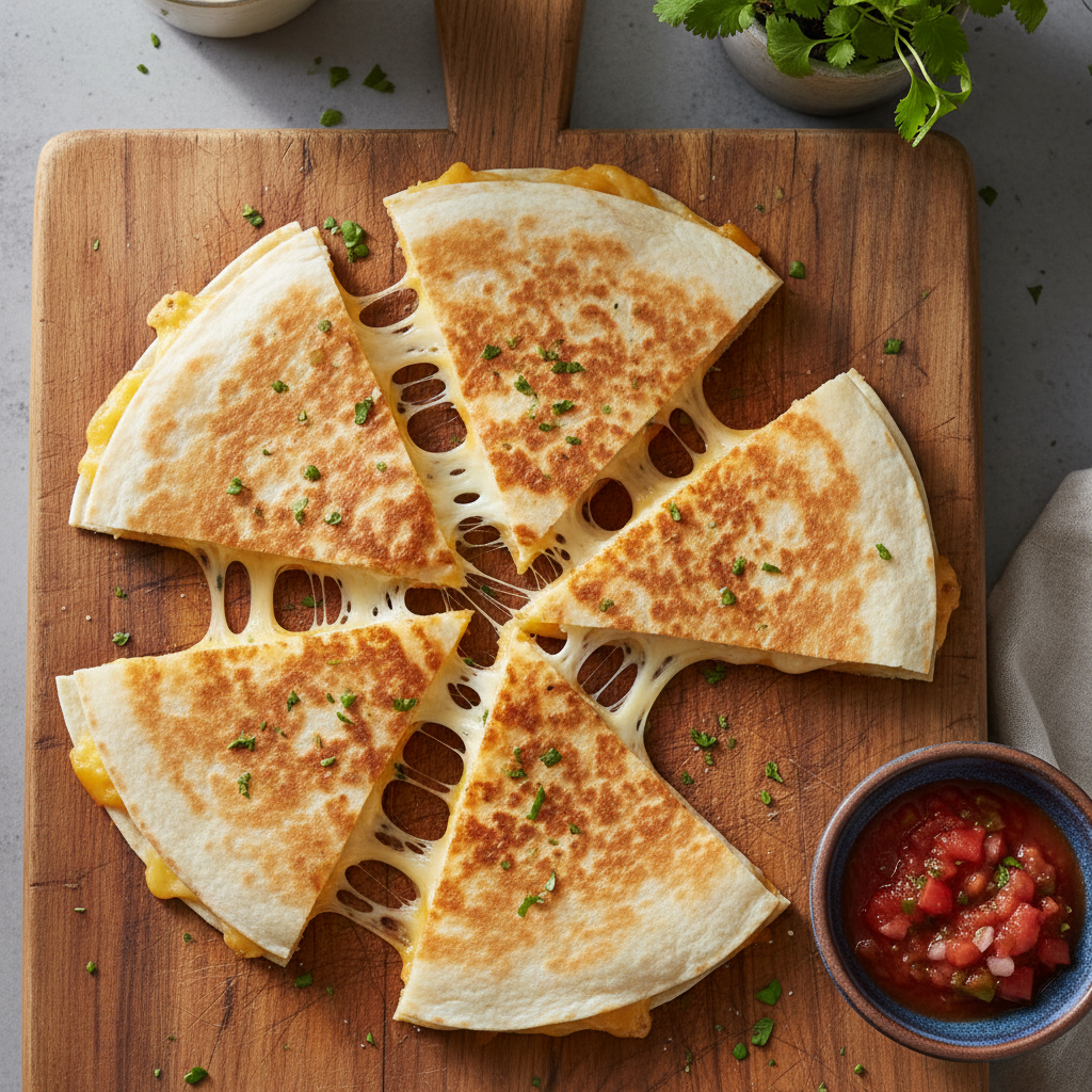 Sliced quesadilla on a wooden board, revealing gooey melted cheese, garnished with cilantro and served with salsa.