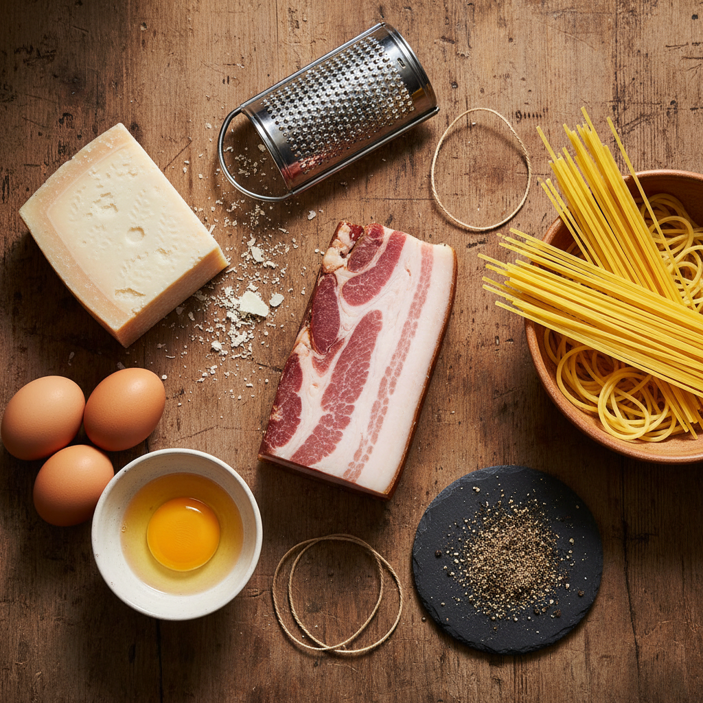 The five essential ingredients for authentic carbonara: guanciale, Pecorino Romano cheese, eggs, black pepper, and spaghetti, neatly arranged on a wooden surface.