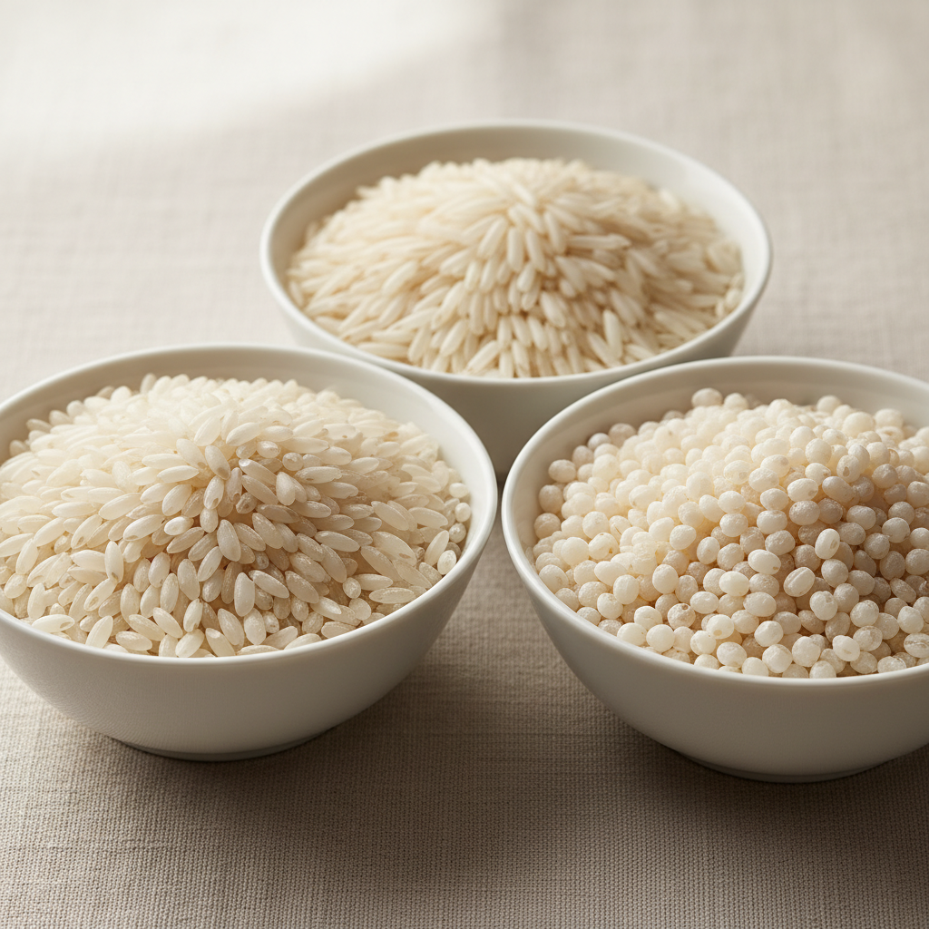 Three bowls displaying different types of uncooked risotto rice: Arborio, Carnaroli, and Vialone Nano.