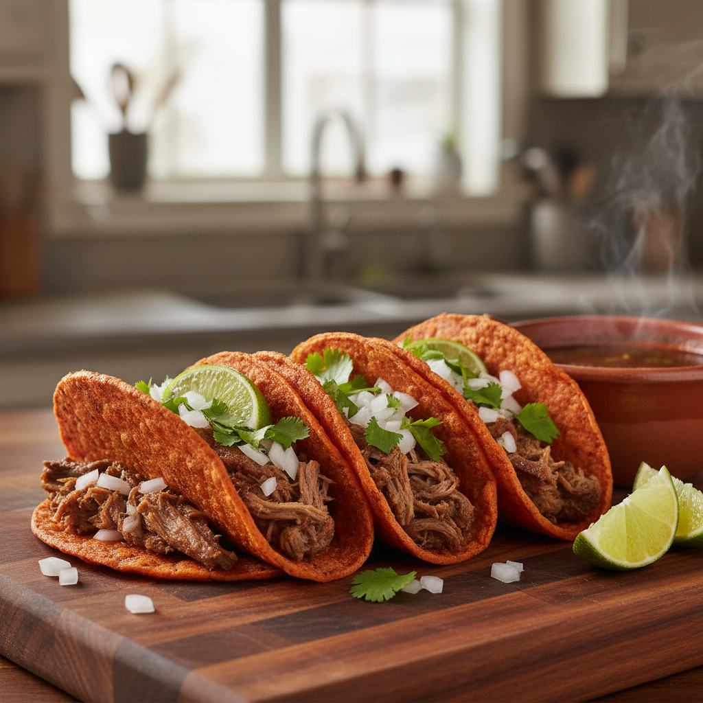 Three crispy, red birria tacos filled with shredded beef, topped with onion and cilantro, served with a side of consommé for dipping.