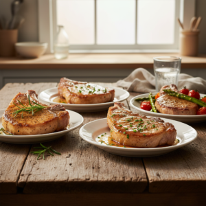 Three distinct, beautifully plated pork chop dishes on a rustic table, featuring pan-seared, glazed, and vegetable-accompanied options, evoking an easy and flavorful dinner.