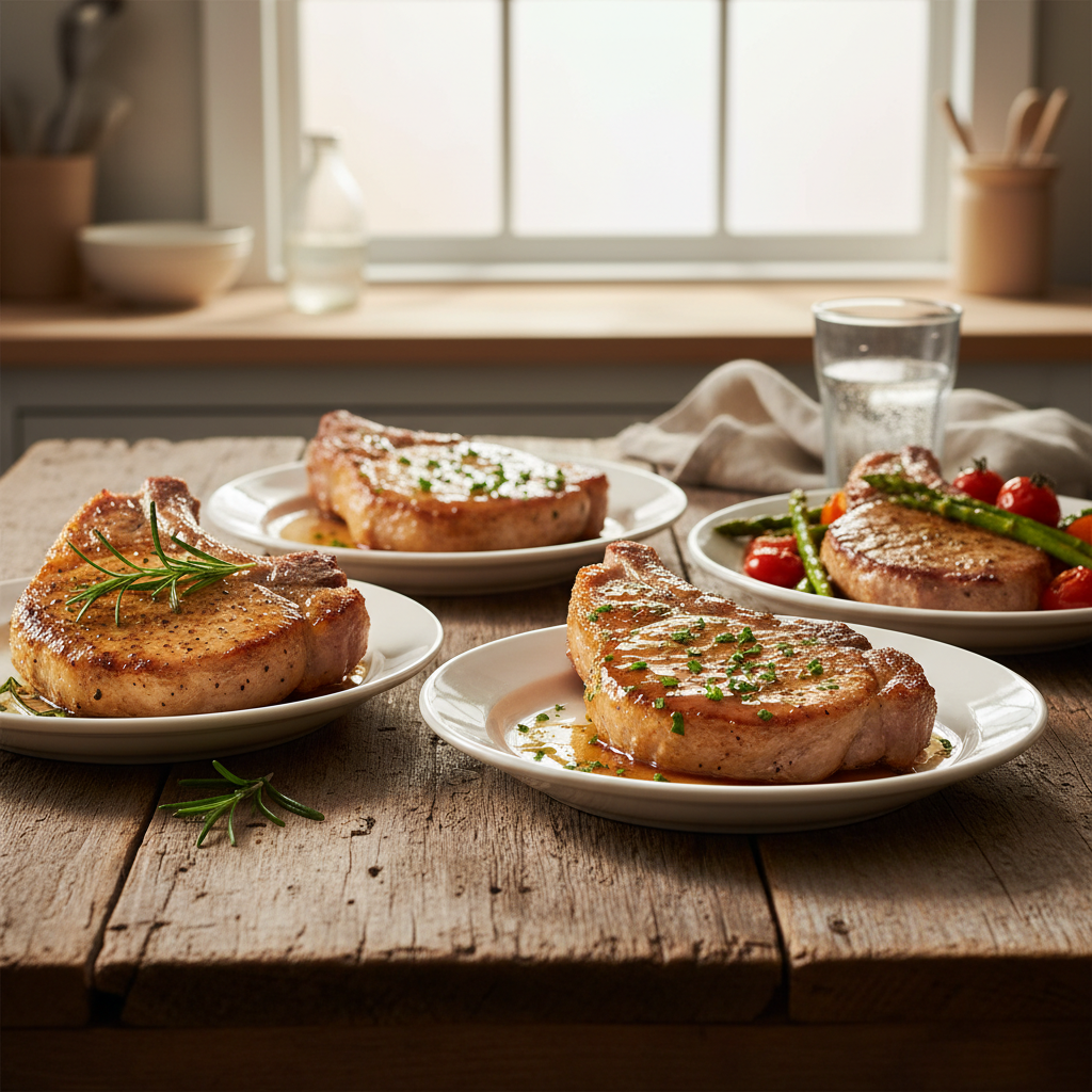 Three distinct, beautifully plated pork chop dishes on a rustic table, featuring pan-seared, glazed, and vegetable-accompanied options, evoking an easy and flavorful dinner.