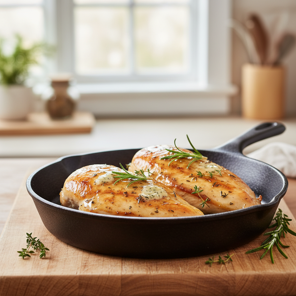 Two golden-brown oven-baked chicken breasts with fresh rosemary and thyme in a cast iron skillet.