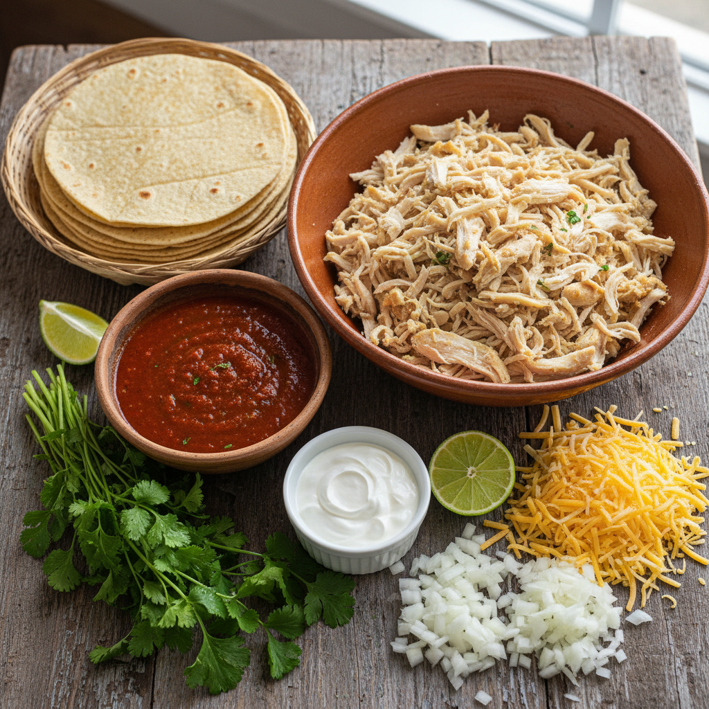 Various fresh ingredients for chicken enchiladas, including chicken, tortillas, sauce, and cheese, arranged on a wooden table.