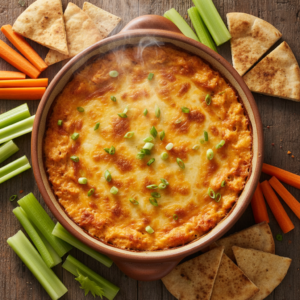 Warm and bubbly buffalo chicken dip in a ceramic dish, garnished with green onions, surrounded by celery sticks, carrot sticks, and tortilla chips.