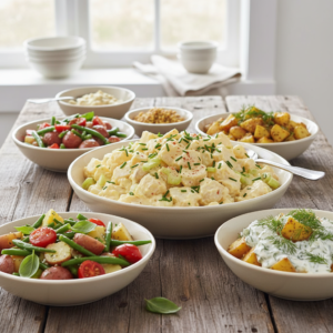 A beautiful collection of diverse potato salads, including a classic creamy American style, a lighter no-mayo version with red potatoes and herbs, and another with fresh dill, all presented invitingly on a table.