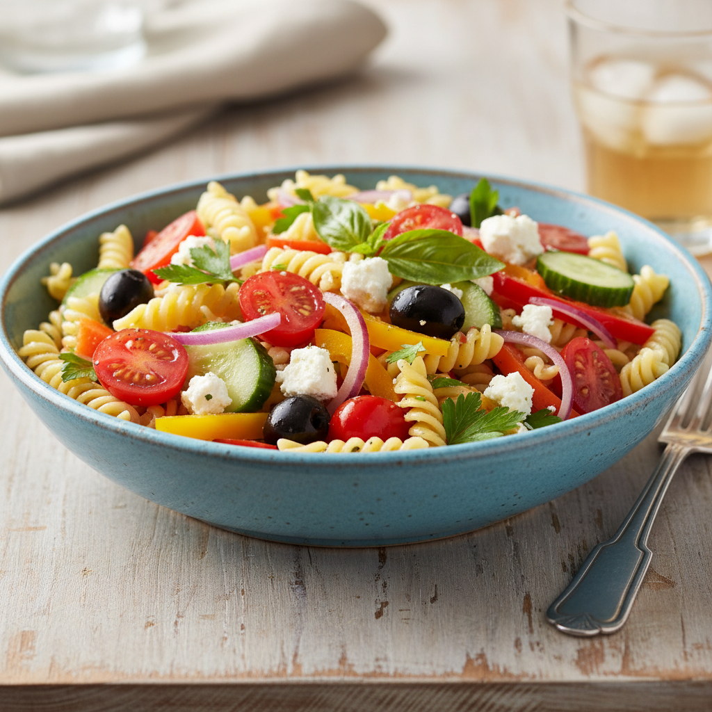 A beautiful, large serving bowl filled with a fresh, vibrant, and colorful pasta salad, garnished with herbs.